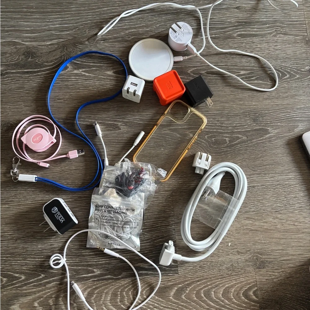 iPhone charger and MacBook charger headphones